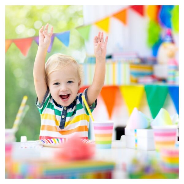 kid excited in decorated party room 